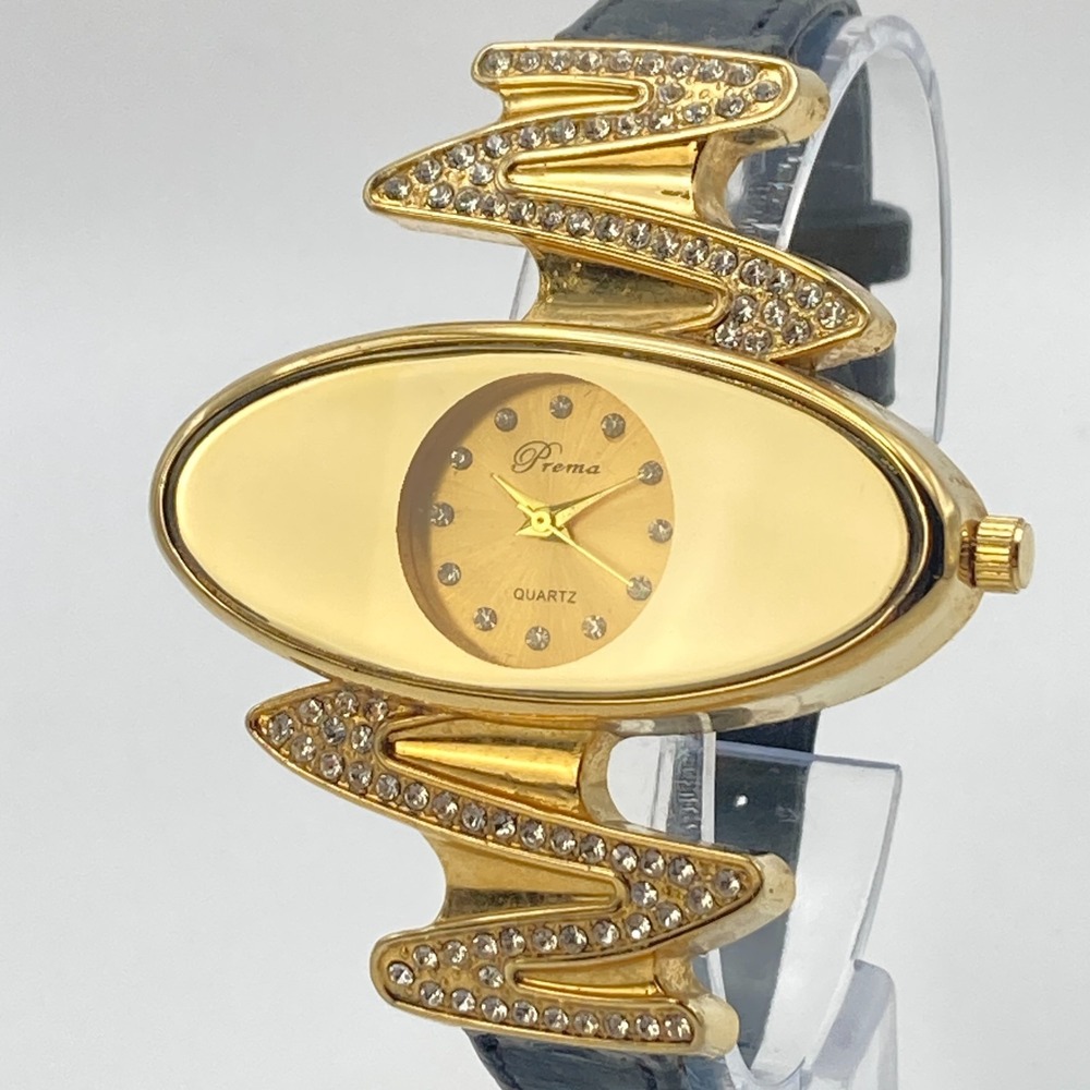 Prema Women's Watch Gold Tone Crystals Wide Oval 46mm Leather New Battery 8.25"